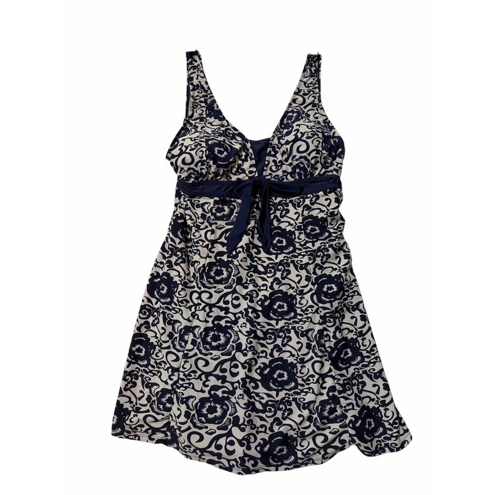 Wantdo Floral Swim Dress Tankini Swimsuit Skirted Bottom Navy White Size 16 4XL
